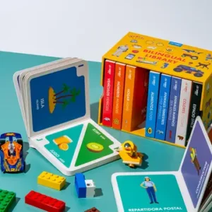 Bilingual book set with colorful toys.