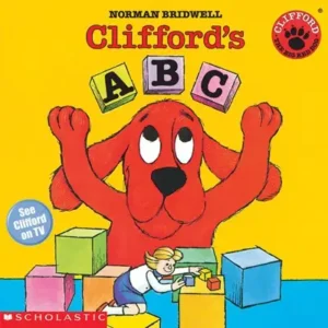 Clifford holding ABC blocks, child playing.