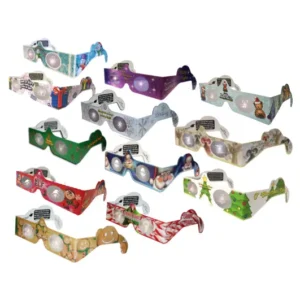 Holiday-themed 3D glasses assortment displayed.